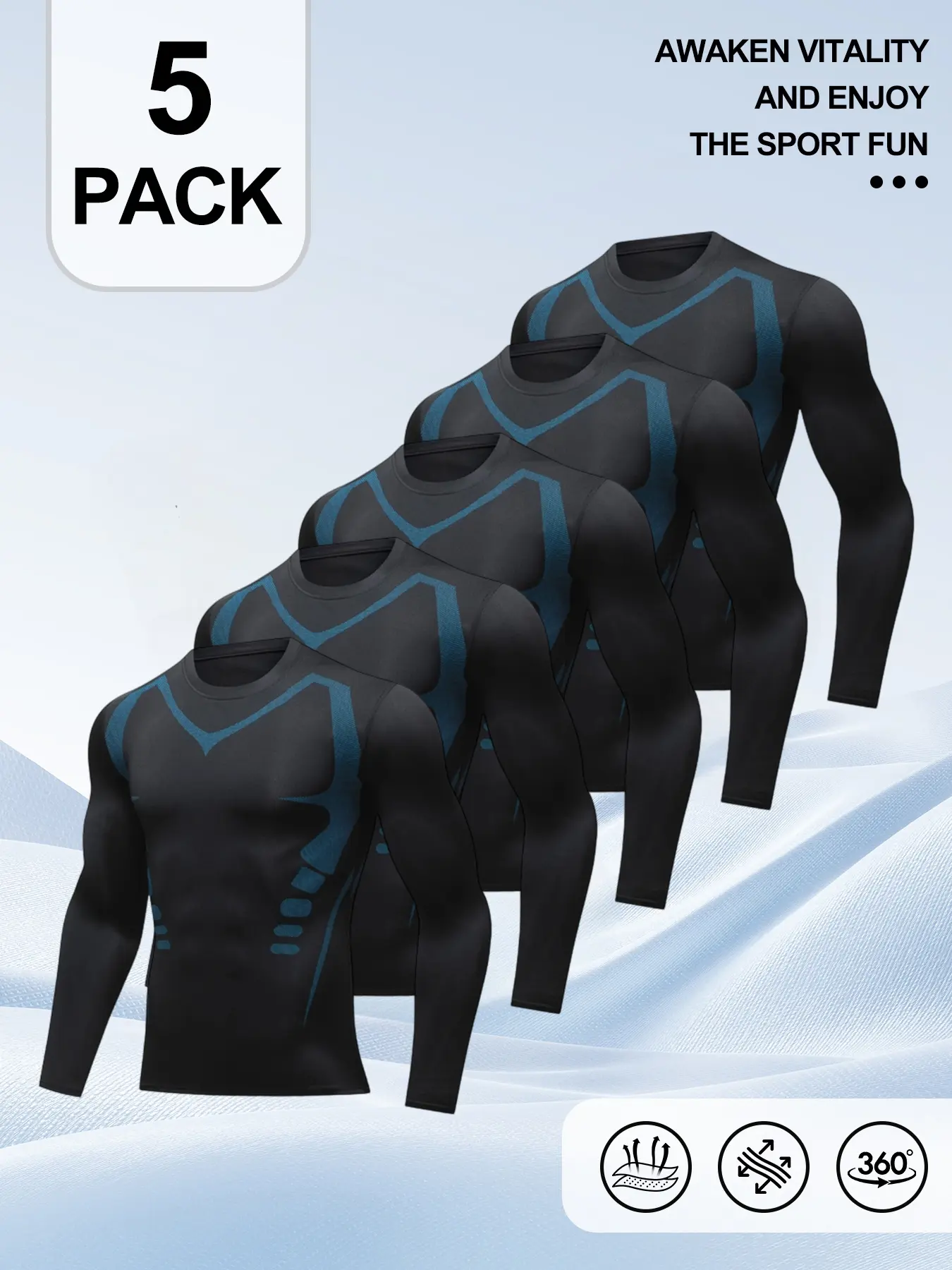 5 Pack Men's Long Sleeve Compression Shirts, Quick Dry Workout T-Shirts, Moisture Wicking Athletic Base Layer Undershirts for Gym, Running, Sports