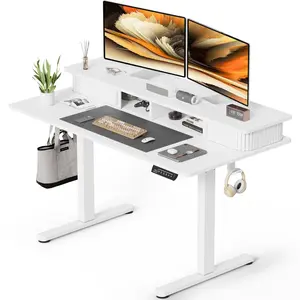 LiftSync Electric Standing Desk with Shelf, Height Adjustable, Built-in Monitor Stand, 2 Storage Spaces, 55" x 24.8" Desktop, Metal Steel Frame