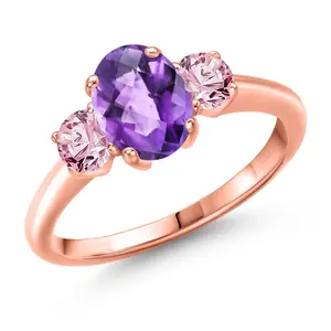 Gem Stone King Gemstone Birthstone and Pink Lab Grown Diamond 3-Stone Engagement Ring for Women | 18K Rose Gold Plated Silver | Oval 8X6MM and Round 4MM | Three Stone Wedding Anniversary Promise Ring