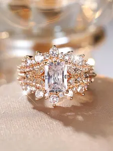 Luxury Artificial Zirconia Ring Set, Statement Multi Ring, Sparkling Zircon Inlay, Stackable Engagement Ring, Fashion Accessories for Women & Girls, Trendy All-match & Exquisite Jewelry for Birthday Gift