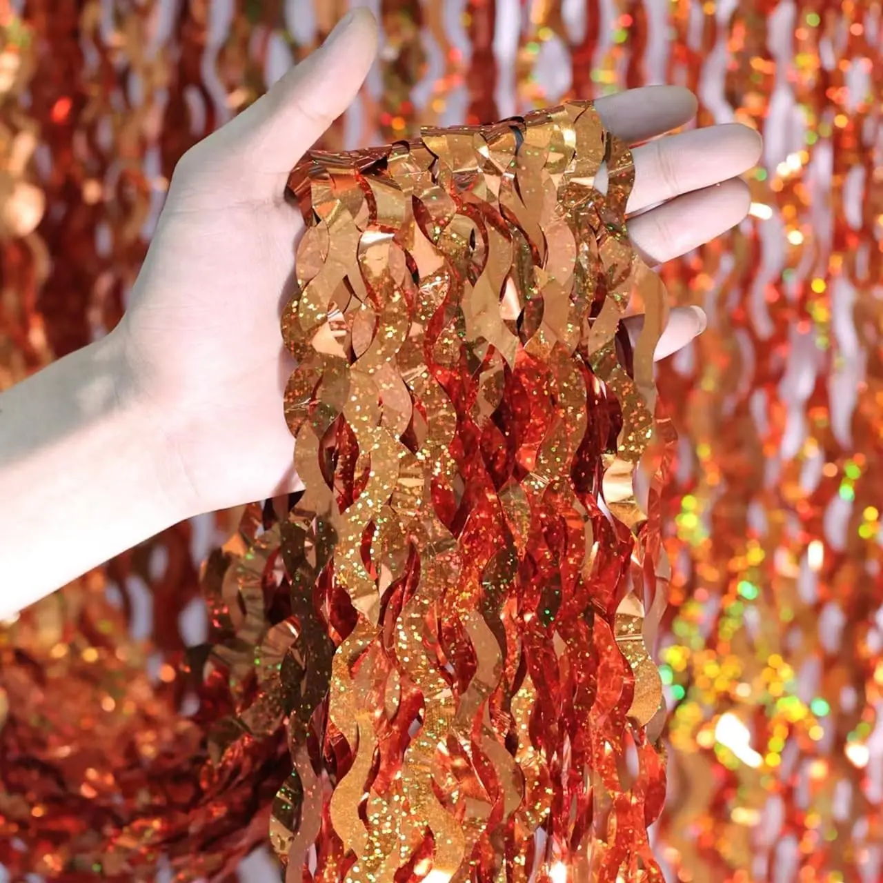 4 Pack 3.3x6.6ft Wavy Orange Foil Fringe Backdrop Curtains -Tinsel Streamers Metallic Foil Fringe Backdrop Door for Halloween, Graduation, Shower,Gender Reveal