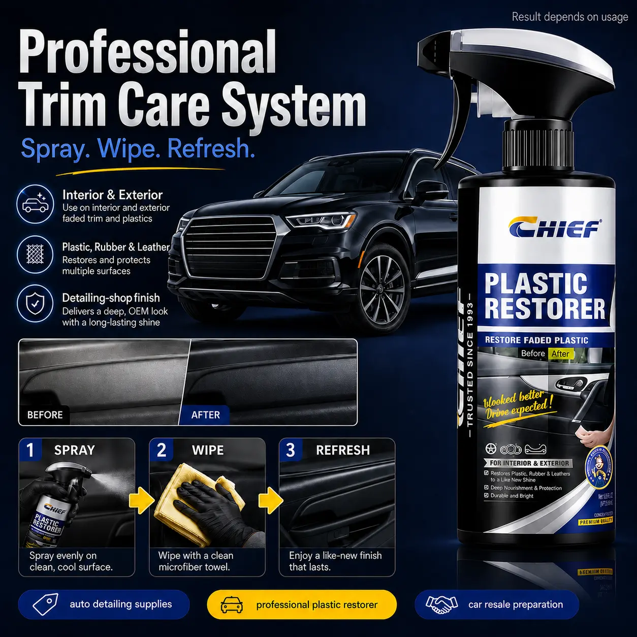 CHIEF Professional Plastic Restorer for Auto Detailing, Interior and Exterior Trim Care for Used Cars, Plastic, Rubber and Leather #professional plastic restorer #car detailing products #automotive detailing product #effortless car interior maintenance