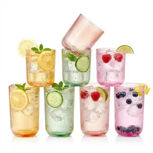 Khen Ribbed Textured Glassware | 8 Piece Set with 4 Highball 12.85oz and Lowball 9.13oz Tumblers Durable Reusable Water Juice Soda Iced Coffee Cocktail Lemonade Cups Dishwasher Safe