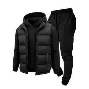 Men's Three-Piece Casual Vest Set Men's Casual Cartoon Drawstring Pocket Hoodie with Matching Jogger Pants Athletic Training Apparel Athletic Style Activewear