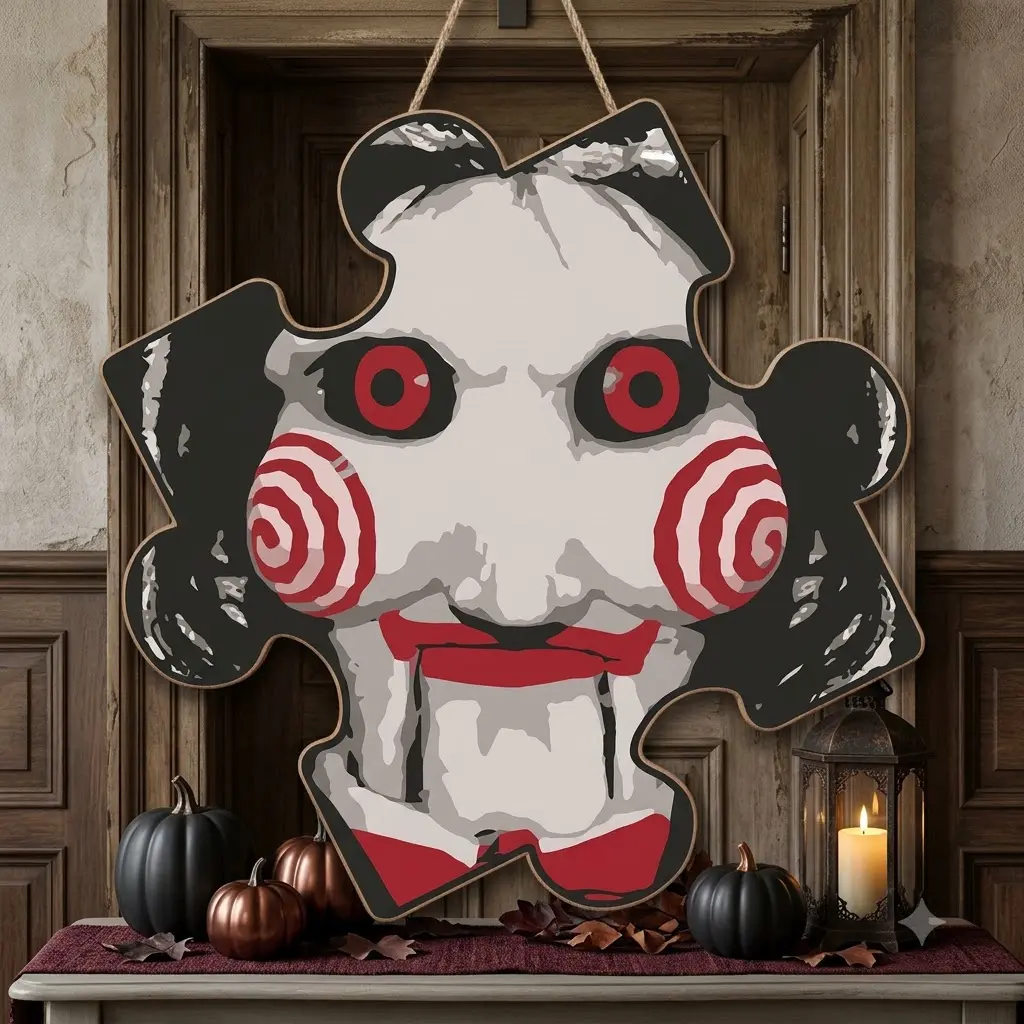 1-Layer Horror Puppet Artwork Wooden Door Sign, Red-Black Scary Halloween Front Door Hanger, Lightweight Haunted House Porch Decoration, Horror Movie Fan Gift