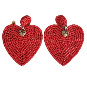 Handmade Red Heart Beaded Stud Earrings for Women