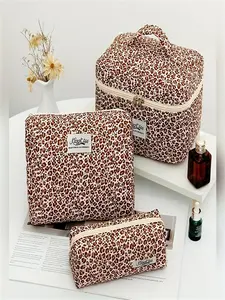 Women's Leopard Pattern Cosmetic Bag Set, Durable Polyester Material, Large Capacity Storage, Ideal for Daily Use & Travel