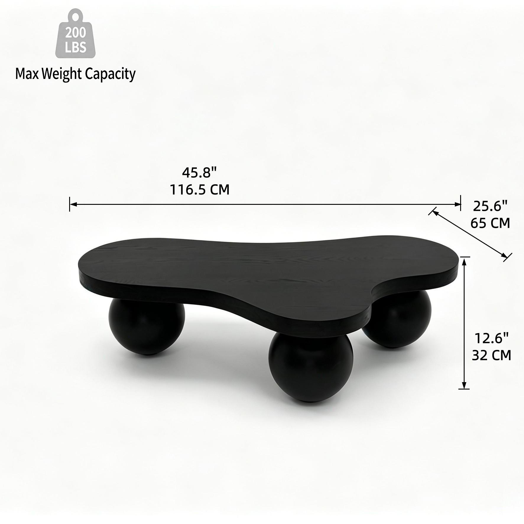 46" Cloud Shaped Coffee Table with 3 Ball Legs, Modern Irregular Center Table with Water Ripple Ash Veneer Top, Artistic Wood Coffee Table for Living Room Apartment, Black