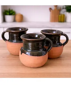 SET of 3 Large Jarro Coffee Cups Handmade Mexican Traditional Pottery Clay Cups with Lids Drinkware Kitchen Gifts Non-BPA Free Unique Designs & Craftsmanship