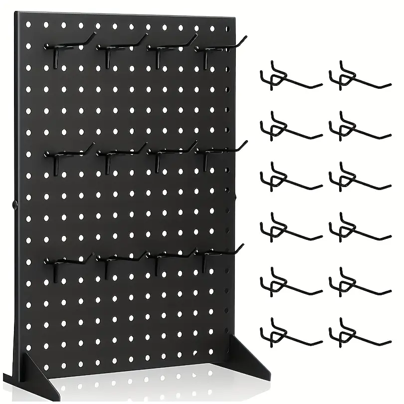 Black&White Pegboard with 12 Hooks for Organizing Tools and Supplies in a Compact and Efficient Manner