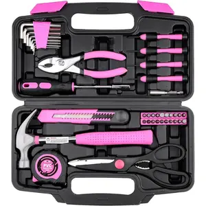 40 Pieces Home Tool Set Pink, General Household Hand Tool Kit with Plastic Toolbox Storage Case, Mini Repair Tool kit for Women, College Students, Home Use & More