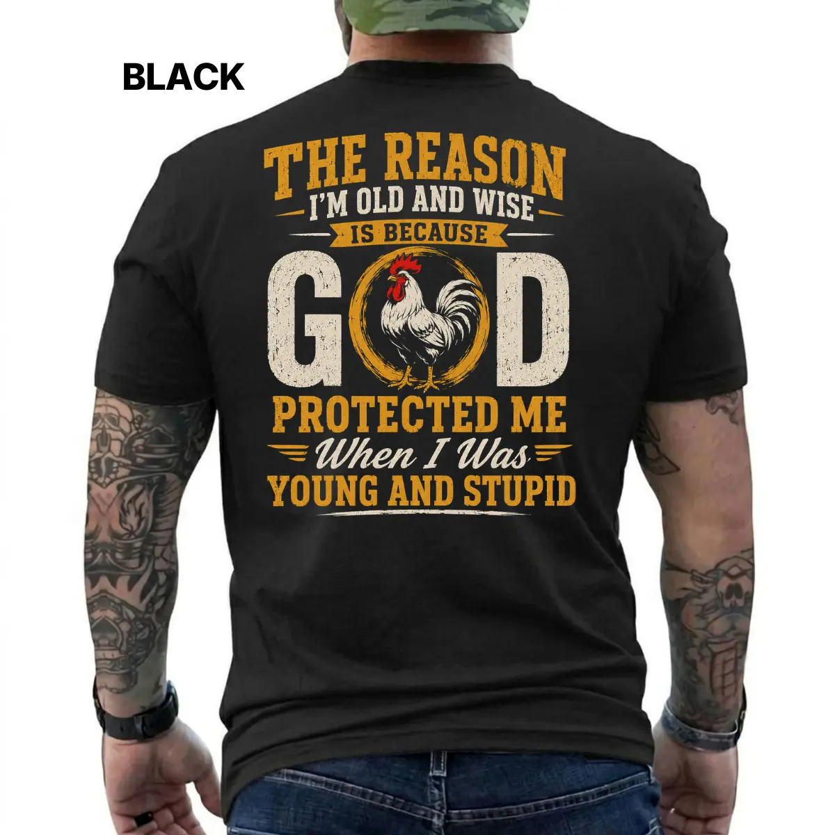 The Reason Im Old And Wise Shirt, God Protected Me Tshirt, Funny Christian Rooster Shirt, Young And Stupid Tee, Faith Humor Shirt, Christian Gift For Men, Fast Shipping, Short Sleeve Printed Graphic Shirt, Daily Casual Cotton Menswear