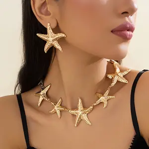 3-piece summer ocean style jewelry set with 1 starfish necklace and 2 starfish earrings, suitable for women's casual parties and vacations as holiday gifts for women