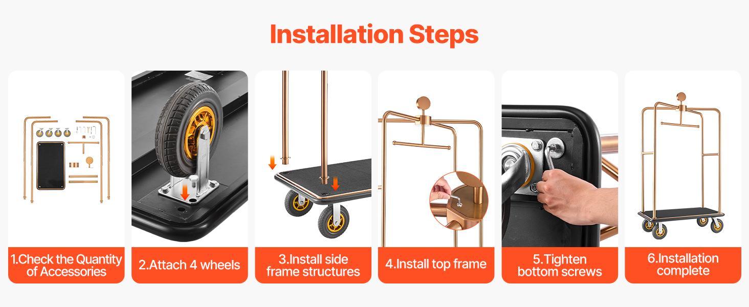 VEVOR Hotel Luggage Cart, 1200 lbs Heavy Duty Bellman Cart with Stainless Steel Frame, 8 in Rubber Wheels, Black Carpeted Deck, Commercial Luggage Carrier Rolling Trolley for Hotels,Resorts, Rose Gold VEVOR Hotel Luggage Cart, 1200 lbs Heavy Duty Bellman Cart with Stainless Steel Frame, 8 in Rubber Wheels, Black Carpeted Deck, Commercial Luggage Carrier Rolling Trolley for Hotels,Resorts, Rose Gold