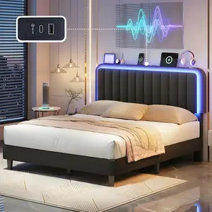 【mothersdaygift】TryLazy Led Bed Frame, No Mattress, Soft Modern Bed Frame with Luxury Leather Headboard, APP Adiust the Light, No Box Spring Needed