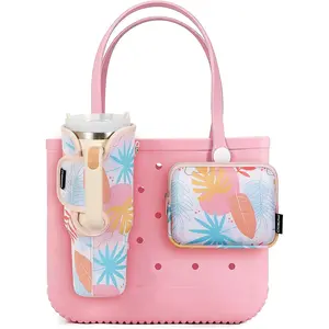 MoKo 2pcs Cup & Phone Holder Accessories for Bogg Bag, Upgraded Adjustable Strap Beach Bags Organizer Compatible with Bogg Bags Original, Rubber Beach Tote Bag, Tropical Leaf