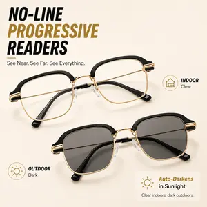 Progressive Multifocal Blue Light Reading Glasses, Photochromic Semi-Rimless Readers for Men Women, +2.25 to +2.75
