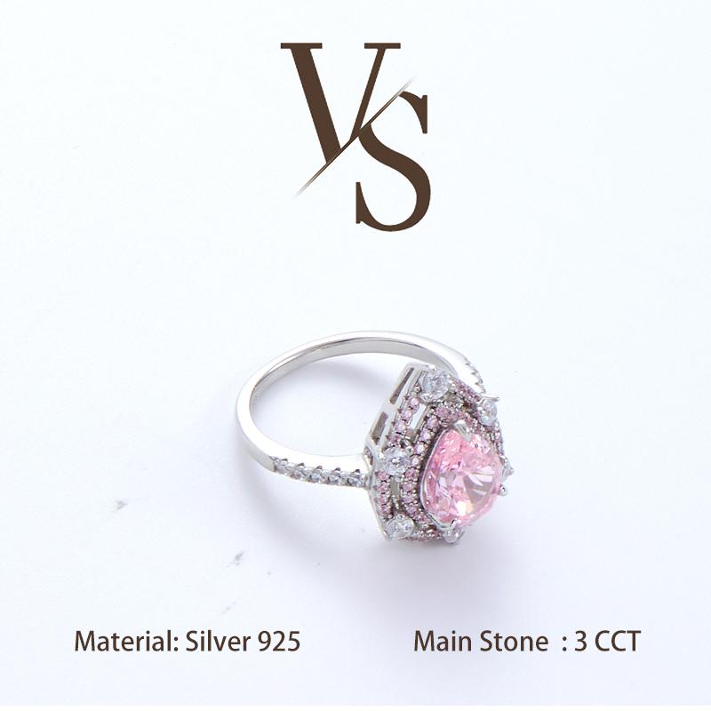 [Venus Jewelry] Lab Created Gemstone 3 CCT Pear Shape Pink Color Luxury Halo Design Solid Silver 925 Solitare Ring