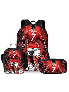 Football Elements Pattern Printed 17-inch Soccer Backpack Three-piece Set (Single-layer Backpack + Shoulder Strap Lunch Bag + Single-layer Pencil Bag)