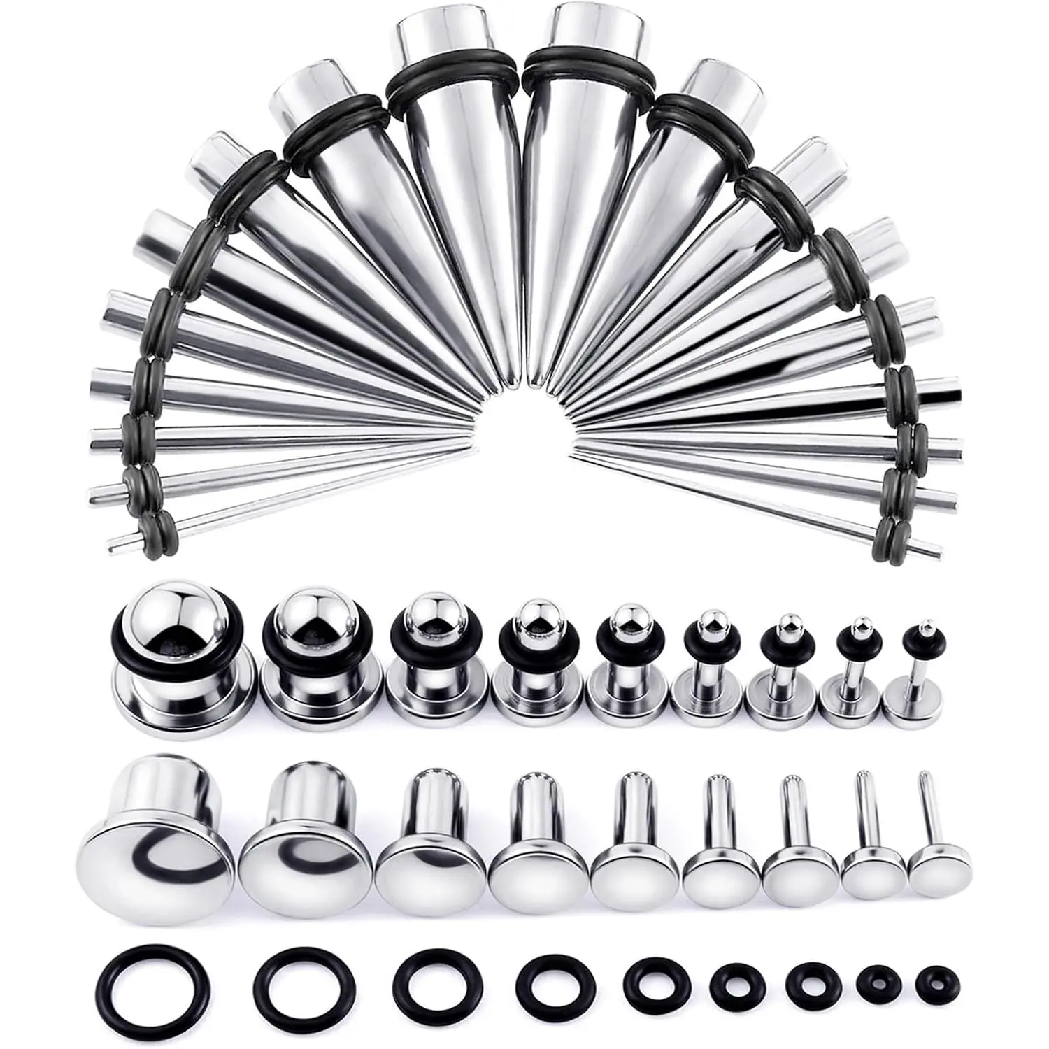 14G-00G 36 count Ear Gauges Stretching Kit Surgical Steel Tapers for Ears Gauge Starter Kits Single Flat Top Gauges Plugs for Women Men