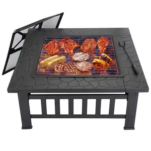 32 inch Fire Pit, Square Outdoor Fire Pit Table with Spark Screen & Fire Poker, 3-in-1 Multipurpose Firepits for Outside, Garden, Patio