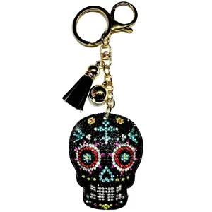 Skull Face Black Bling Keychain, Rhinestone design, Tassel Decor Sport Keychain for Men, Women, Kids Bling Backpack Keyrings, Purse Charms