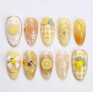 Handmade 3D Lemon & Honey Nails, Cottagecore Yellow Gingham Art, Dripping Honey Accents, Daisy Lace Nail Set