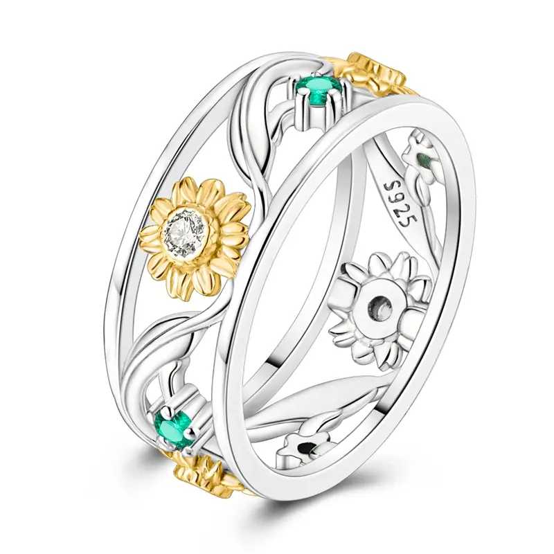 NARMO Sunflower Ring for Women, 925 Silver-Plated Double-Band with Cubic Zirconia, Intricate Floral Leaf Accents, Jewelry Gift for Anniversary, Valentine's Day, Cubic Zirconia Rings, Everyday Wear, Female, Nature Lover