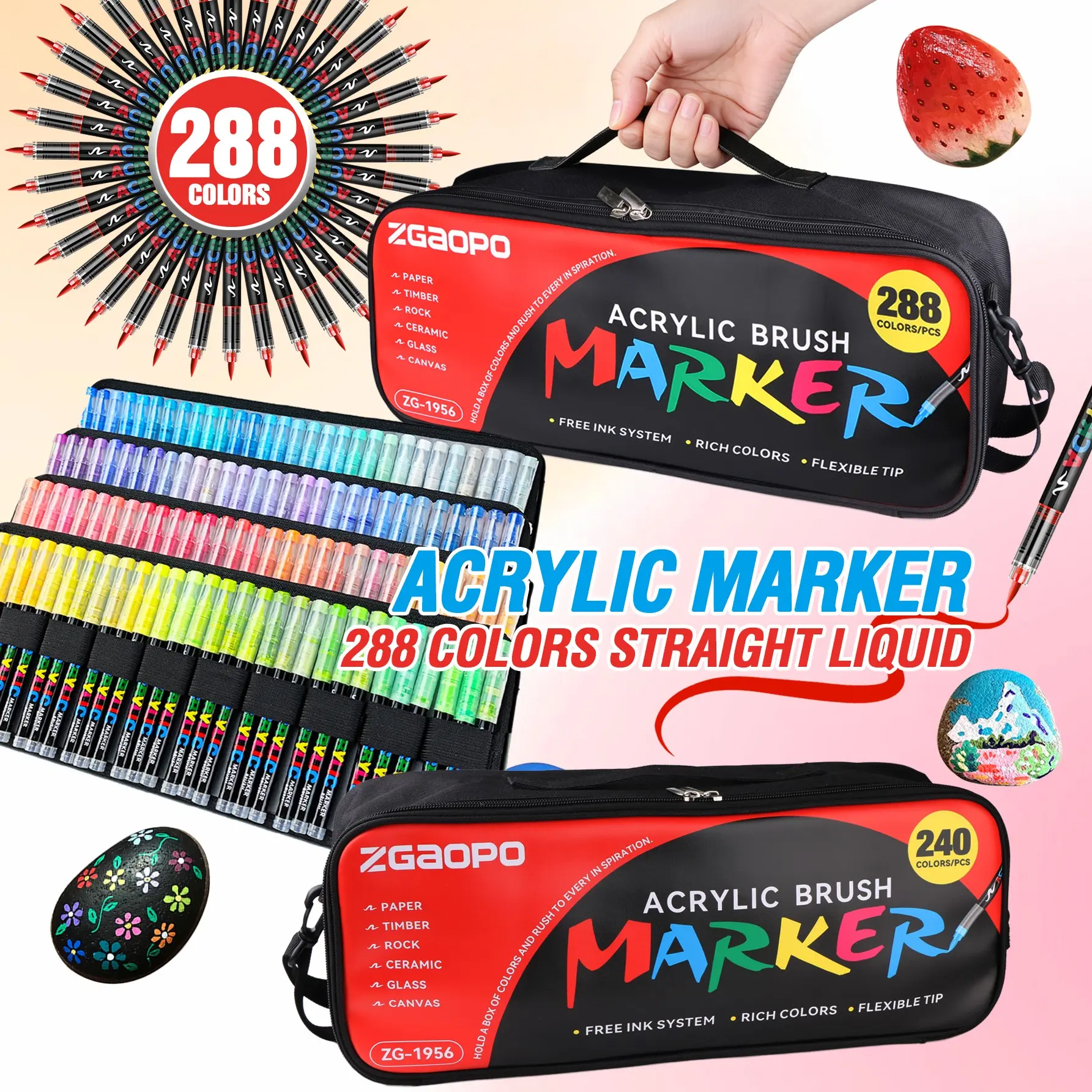 240-288 color direct-liquid soft-tip acrylic marker set, no-press student painting and doodling brush, strong covering power and opaque color, suitable for rock painting, scrapbooking, handwriting, card making, stone painting, Christmas decoration, wood
