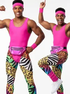 80s Aerobics Guy Costume for Men - Hot Pink Neon Workout Outfit with Rainbow Animal Print Leggings, Fanny Pack & Headband - 1980s Fitness Party Halloween Cosplay