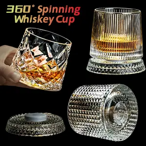 360° Rotating Whiskey Glass – Stress Relief Spinning Cup for Men, Unique Barware Cool Glass for Bourbon Lover, Lead-Free Star-Cut Crystal Tumbler – Funny Birthday Gift for Boyfriend Husband