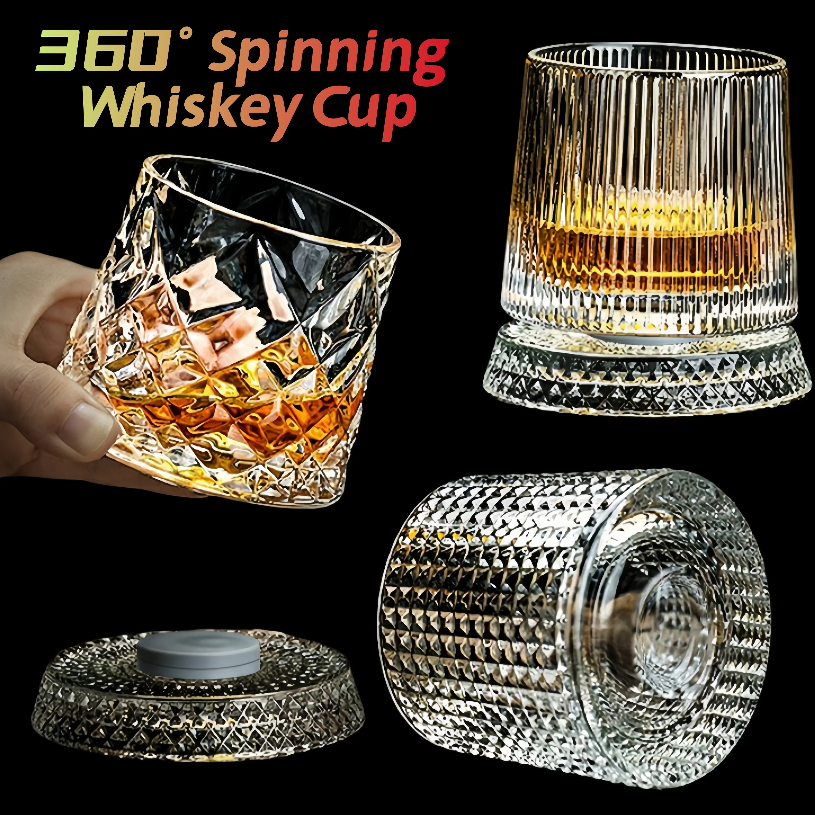360° Rotating Whiskey Glass - Lead-Free Star-Cut Crystal Material Tumbler, Male Drinkware for Whisky Aeration, Stress Relief Spinning Barware, Funny Birthday Gift for Boyfriend