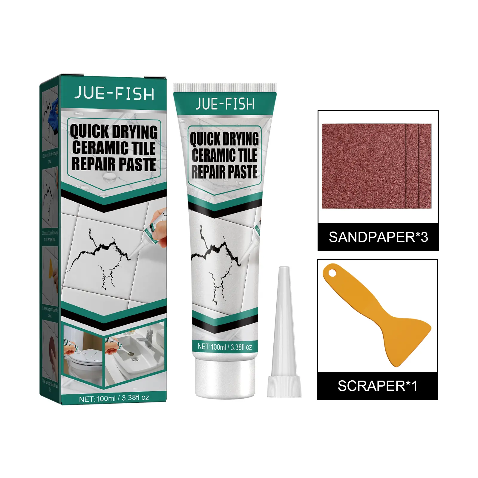 Jue-Fish Formaldehyde-Free Tile Repair Paste - 1 Set 138g Home Care Bond Seal Adhesive with Surfactant, Quick-Drying for Tile/Marble Repairs, 16x6cm & 5.5x5.5cm About Size, 3 Years Shelf Life