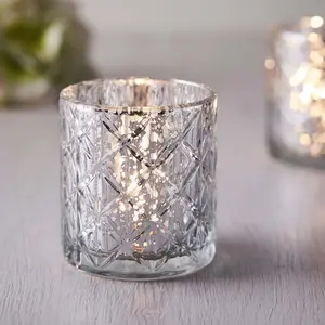 6-Pack Mercury Glass Candle Holders 3" Shiny Silver with Geometric Design - Votive Tealight Holders