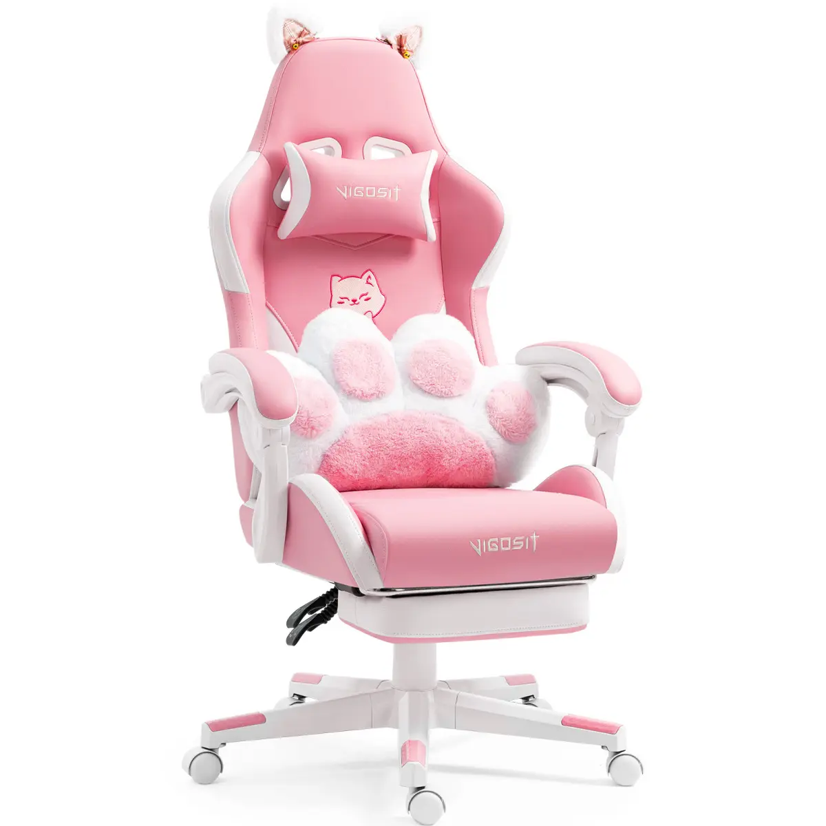 Women's Pink PU Leather Cat Ears Gaming Chair - Ergonomic Reclining Office Chair with 6-Position Recline, 360° Swivel, Footrest, Adjustable Arms, 310lbs Max Capacity, 42.99lbs Weight, Easy Set-Up, Assembly Required (for Studying), Headrest, Recliner, 42.9