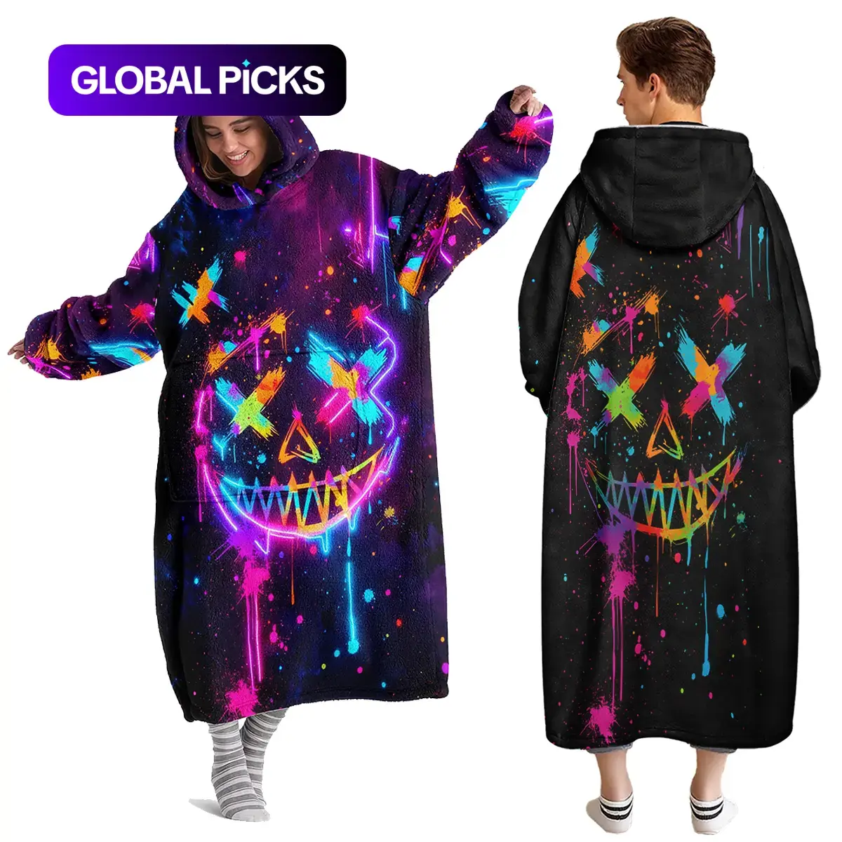 Wearable Hoodie Blanket, Women's Hooded Blanket Sweatshirt, Wearable Blanket Robe, Smiley Graffiti Print Winter Home Sleepwear, Casual Soft Cozy Hooded Blanket, Ideal Holiday Gift #GLOBAL PICKS
