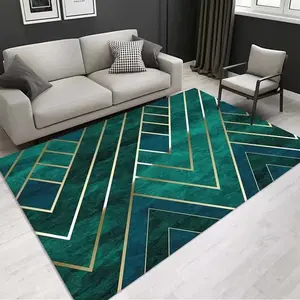 Luxury Emerald Green Gold Geometric Marble Flannel Area Rug - Modern Abstract Line Pattern Soft Mat for Living Room, Non-Slip Home Decor#EmeraldGreenRug #GoldGeometricMat #MarbleAbstractDecor #ModernCarpet #NonSlipFlannelRug