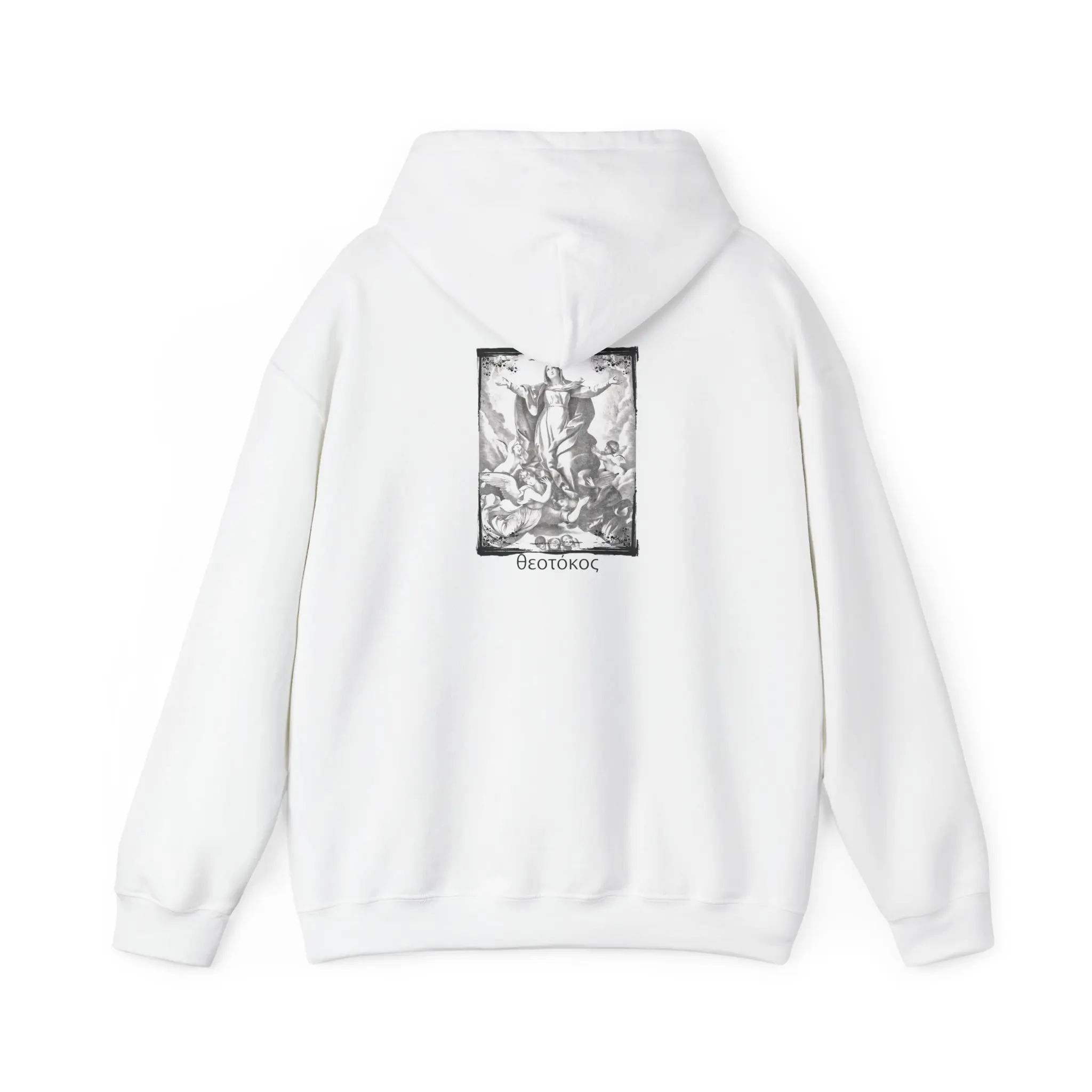 "Theotokos" (Mother of God) Hoodie, Religious Catholic Greek Orthodox Unisex Jumper, Cotton Blend, Comfortable Sweatshirt, Jacket, Christmas, Christian Gift, Jesus Christ, Christian Apparel, Minimalistic Design, male, female, kids. Menswear Graphic
