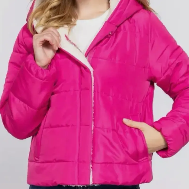 Rose Long Sleeve Inside Faux Fur Hooded Puffer Jacket in Vibrant Pink with Zipper Closure and Pockets Womenswear