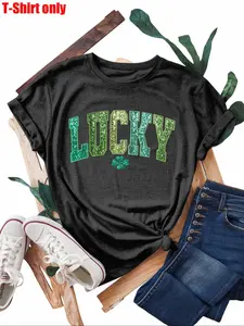 【Plus Size】 Four-leaf Clover Print Round Neck Tee, Casual Short Sleeve Crew Neck T-shirt for Summer, Women's Plus Clothing for Daily Wear