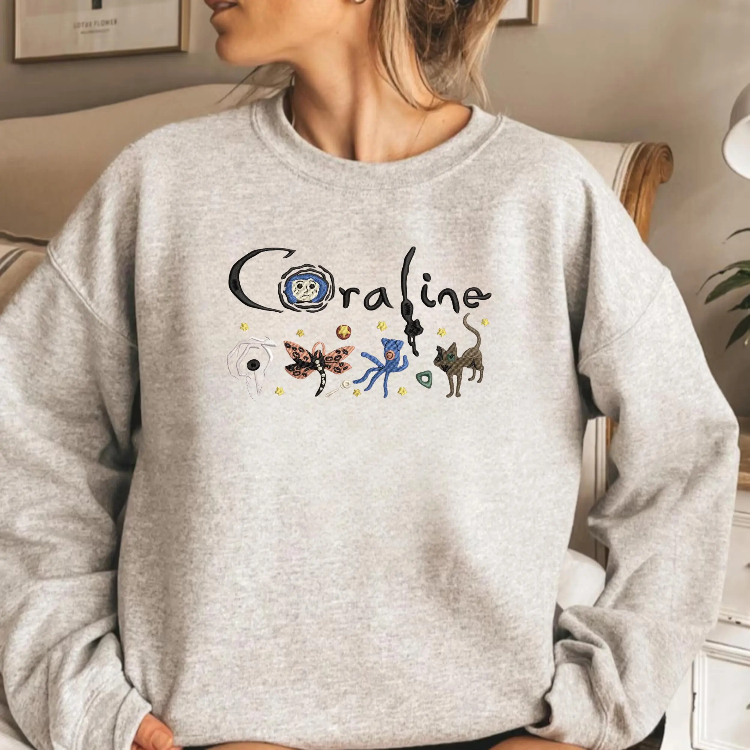 Coraline Scary Doll Halloween Embroidered Sweatshirt, Horror Cartoon For Machine Embroidery Shirt, Creepy Character Style