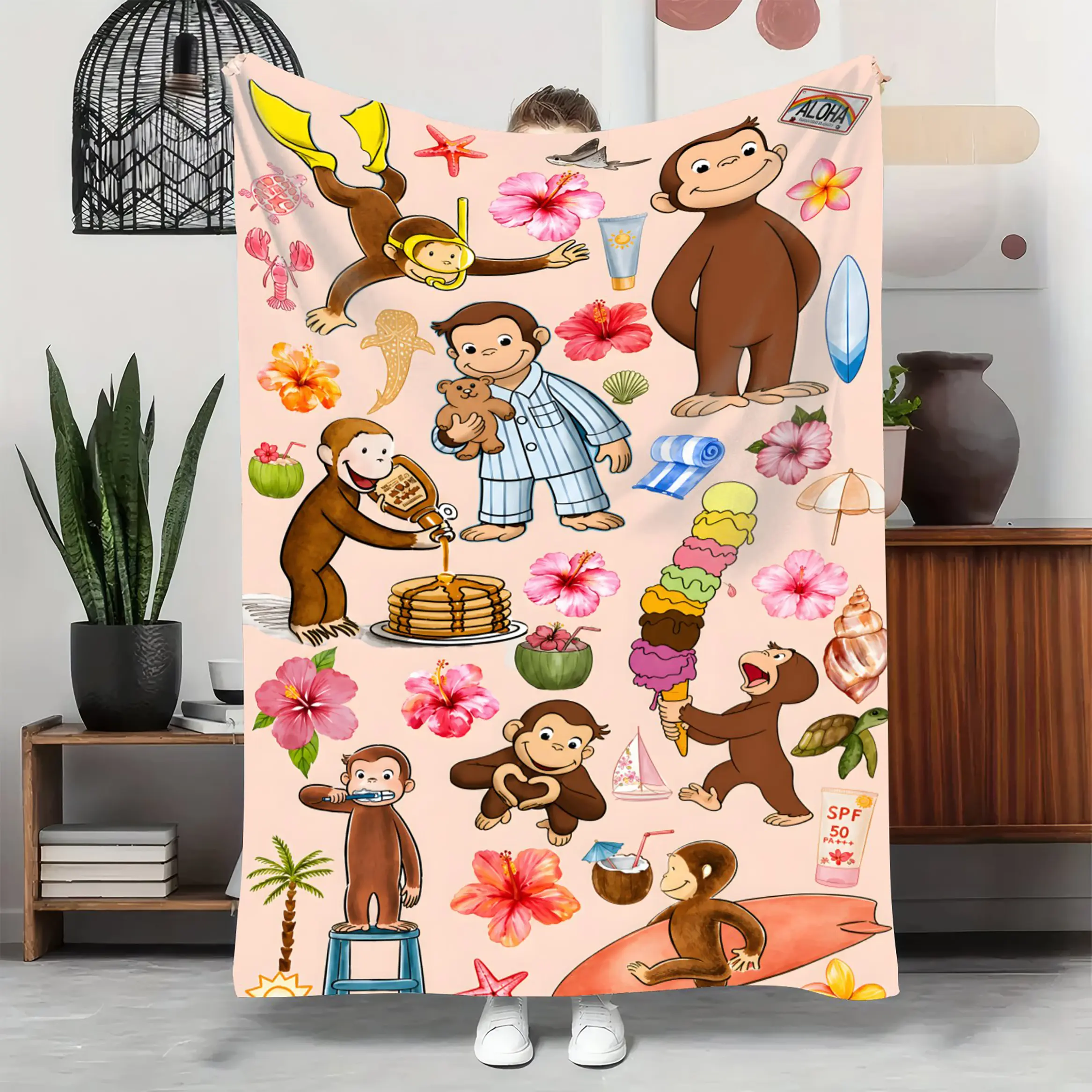 Curious George Throw Blanket Ultra Soft Flannel Blanket Lightweight Warm Cozy Plush Fleece Cartoon Monkey Graphic Blanket For Bedroom Living Room Sofa Bed Dorm Travel Camping All Season Home Decor Kids Boys Girls Teens Adults