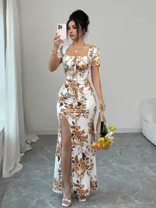 Women's Summer Short Sleeve Dress, Digital Print Vacation Dress, Beach Resort Dress, Split Hem, Waist Ruched Long Dress, Latest Floral Dress, Elegant Party Gown, Elegant Summer Dresses