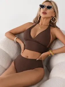 Women's Stretchy Nylon Underwired Chocolate Brown Ribbed Halter Neck High Waisted Tie Bikini Set - Side Ties, Tummy Control Swimwear, Pool Party Sports & Outdoor Swim Sets