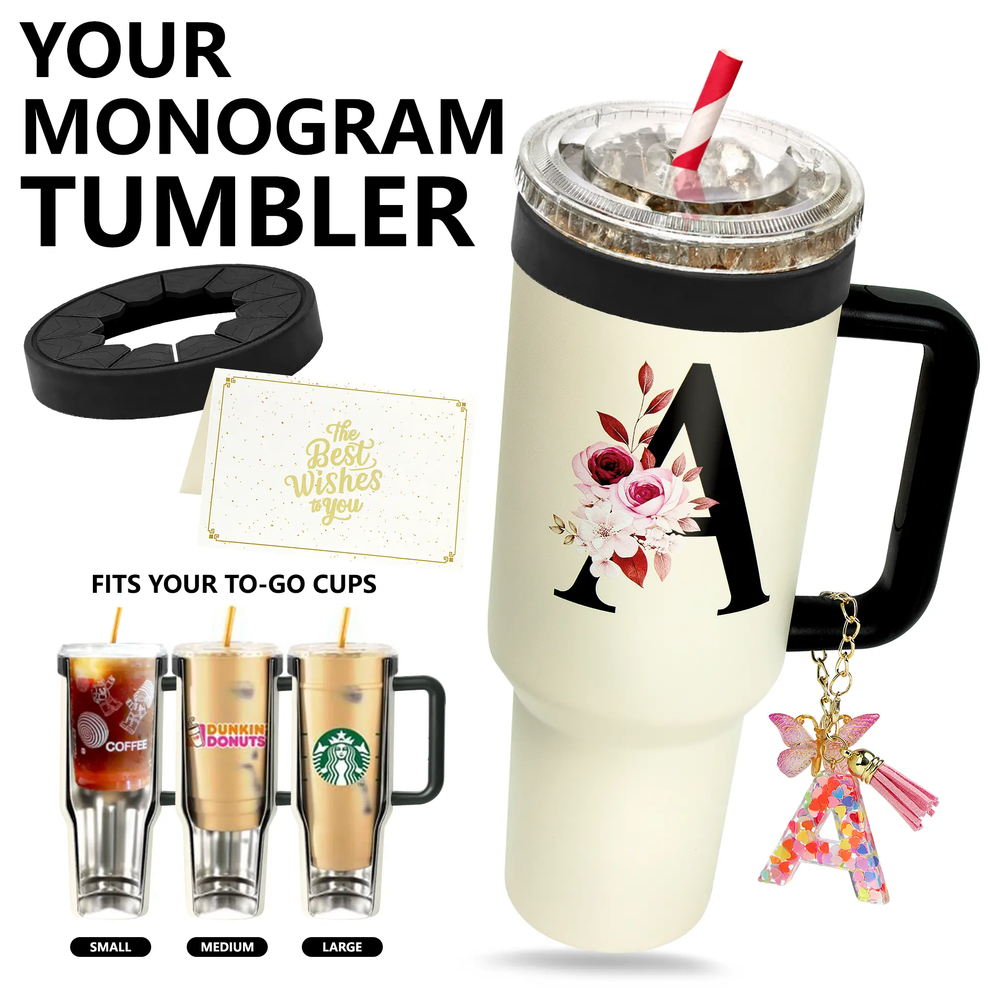 ZIOSINM 40oz Personalized Monogram Letter Tumbler - Universal To-Go Cup Insulator, 12+Hr Hot/Cold Vacuum Flask, Leak-Proof Lid, Greeting Card & Keychain Gifts for Back To School Teachers