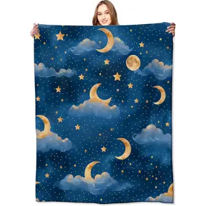 Lightweight Soft Single-sided Printing Moon, Clouds, Stars Blanket - Dreamy Night Sky Pattern Blanket, suitable for all ages made of Flannel, comfortable and warm, suitable for sofa, bedroom, travel, and birthday party decoration