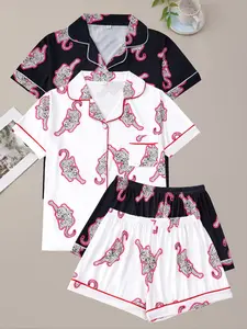 Women's Leopard Print Pajama Set, Short Sleeve Top & Elastic Waist Shorts, Casual Comfortable Sleepwear Loungewear for All Seasons