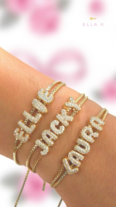 Mini Custom Bubble Letter Name Bracelet  / Micro Pavé Zircon Bubble Letter Adjustable Box Chain Bracelet / Mini Bubble Letter Slide Name Bracelet