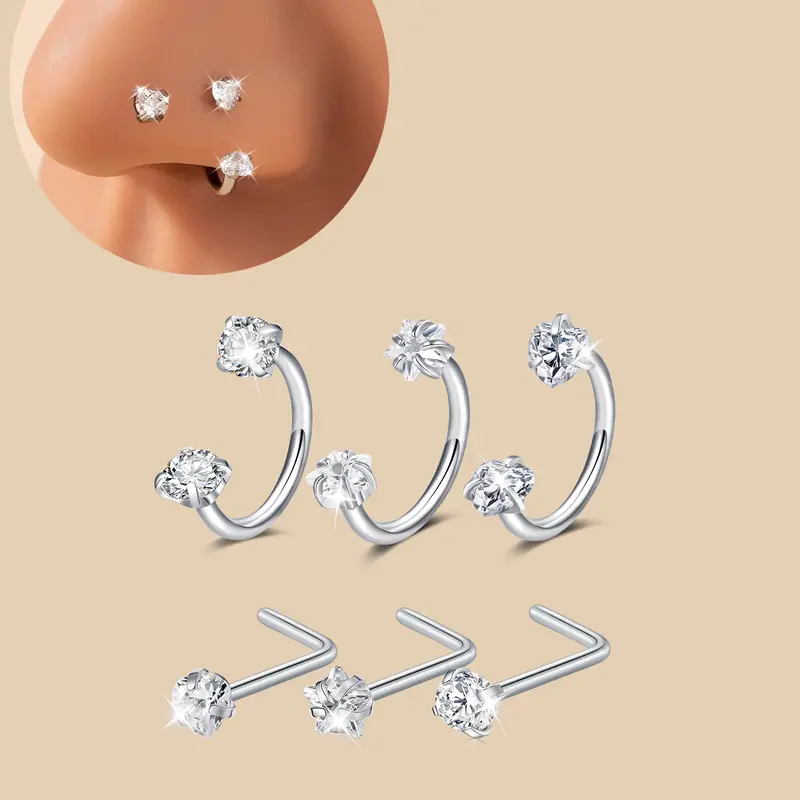 Unisex Stainless Steel Cz Nose Ring, Cubic Zirconia Nose Ring, L-Shaped Heart Design, Fashionable Party Body Jewelry, All-Season Wear, Trendy Gift Idea, Nose Piercing Jewelry, Nose Rings L Shaped, Nose Rings Set, Body Jewellery
