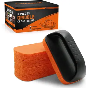 6- Griddle Cleaning Kit for Blackstone, Flat Top Grill Cleaning Kit Non-Scratch Scouring Pads for Kitchen - 5 Scrubber Pads and 1 Handle Stainless Steel